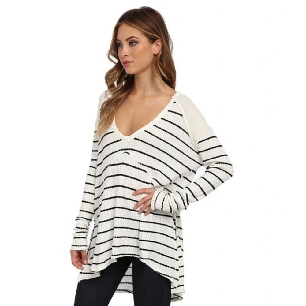 Free People Sunset Park Oversized Thermal‎ Tunic Black/White Striped Size L Boho